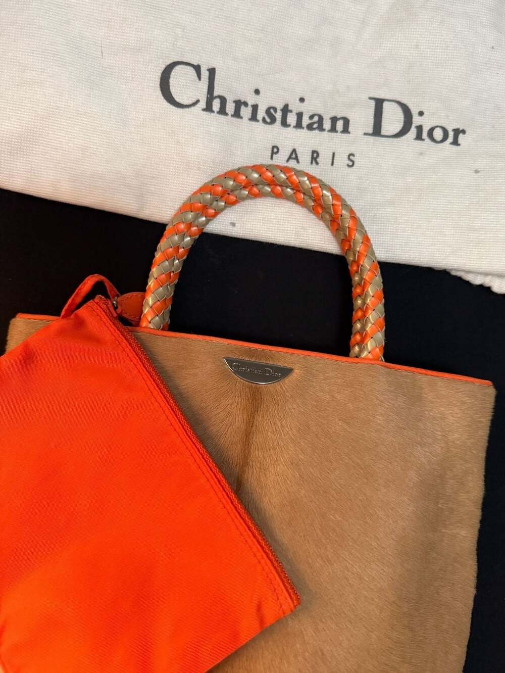 Christian Dior Vintage Pony Hair & Orange Nylon Tote with Braided Handles